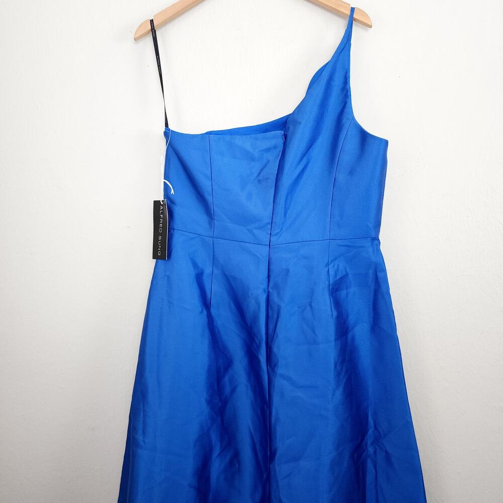 Alfred Sung One Shoulder High Low Satin Gown Classic Blue NWT Size 14 D831 Gown - Picture 10 of 13